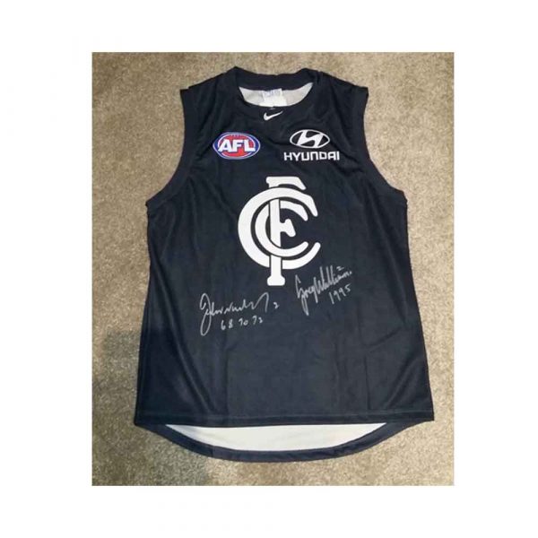 John Nicholls & Greg Williams Hand Signed Carlton Blues Football Jumper Premiers