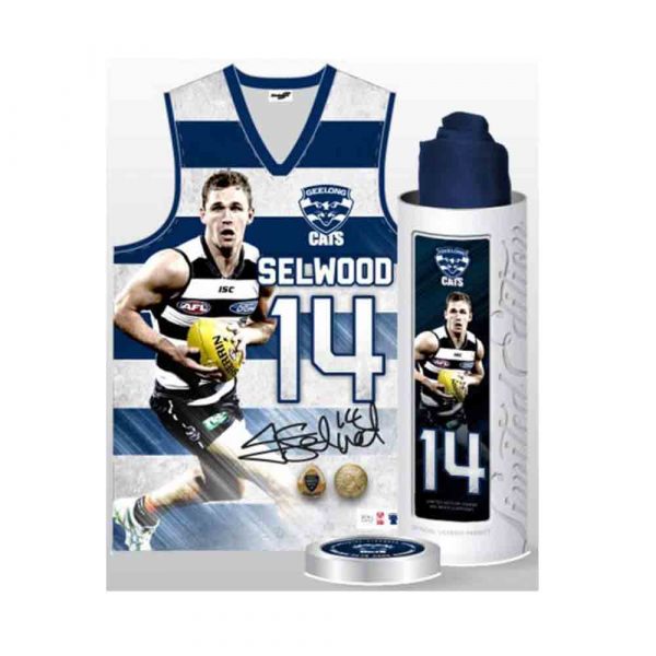 GEELONG CATS JOEL SELWOOD OFFICIAL AFL SIGNED LIMITED PLAYER PICTURE JUMPER + TIN