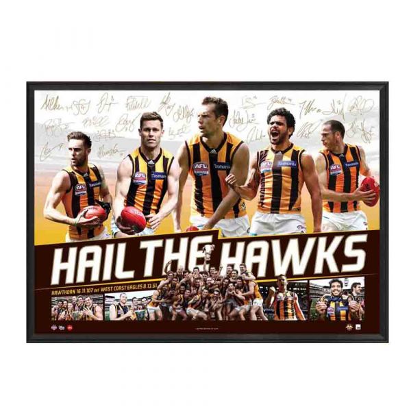 2015 HAWTHORN HAWKS PREMIERSHIP PREMIERS SIGNED HAIL THE HAWKS FRAMED PRINT