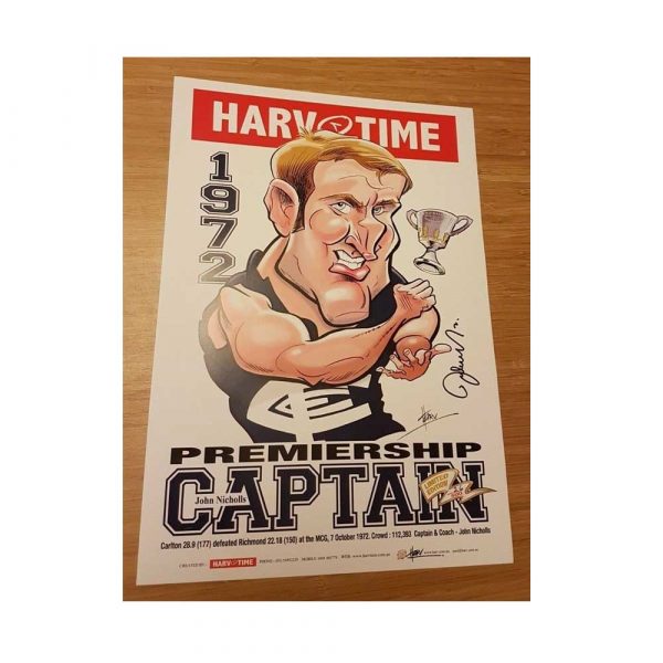 CARLTON BLUES - JOHN NICHOLLS HAND SIGNED PREMIERSHIP CAPTAIN HARV TIME POSTER