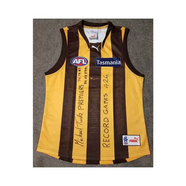 MICHAEL TUCK PREMIERS AND CAREER GAMES SIGNED HAWTHORN 50 YEAR JUMPER