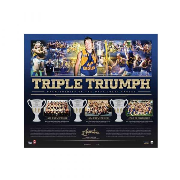 WEST COAST EAGLES TRIPLE TRIUMPH JOHN WORSFOLD HAND SIGNED LITHOGRAPH PRINT