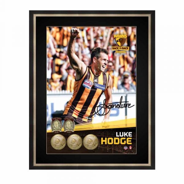 OFFICIAL HAWTHORN HAWKS HAND SIGNED LUKE HODGE BACK TO BACK FRAMED PRINT