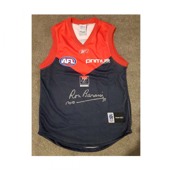 MELBOURNE DEMONS 150 JUMPER HAND SIGNED BY RON BARASSI - RARE JUMPER