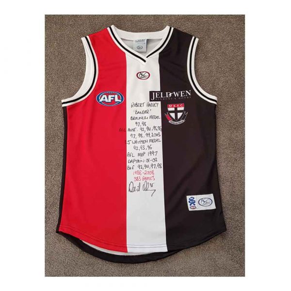 ST KILDA SAINTS ROBERT HARVEY HAND SIGNED JUMPER - RARE WITH FULL CAREER STATS