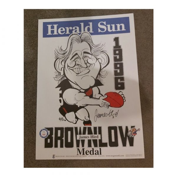 WEG POSTER ESSENDON BOMBERS JAMES HIRD SIGNED 1996 BROWNLOW WEG POSTER