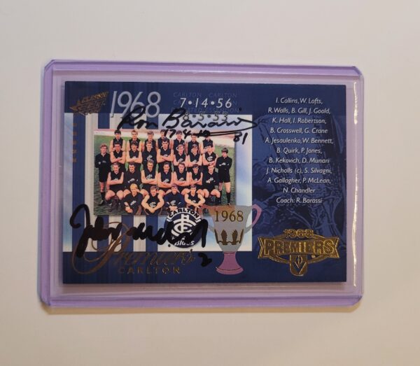 CARLTON BLUES - RON BARASSI JOHN NICHOLLS SIGNED 1968 PREMIERSHIP COMMEMORATIVE