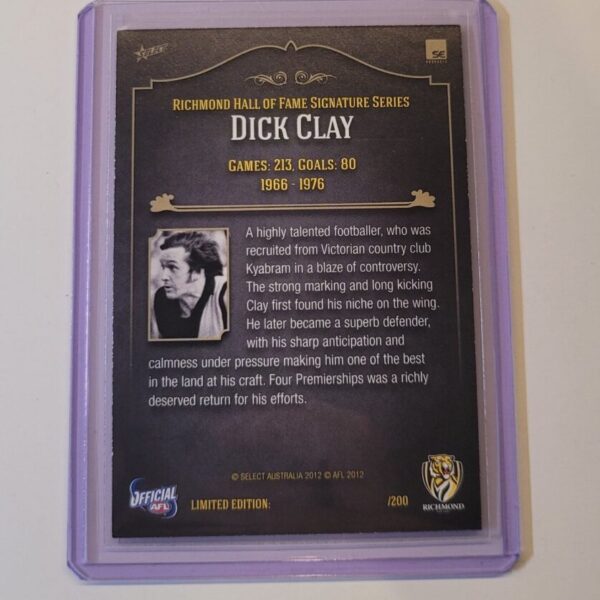 RICHMOND TIGERS - DICK CLAY SIGNED AFL SELECT HALL OF FAME SIGNATURE SERIES CARD